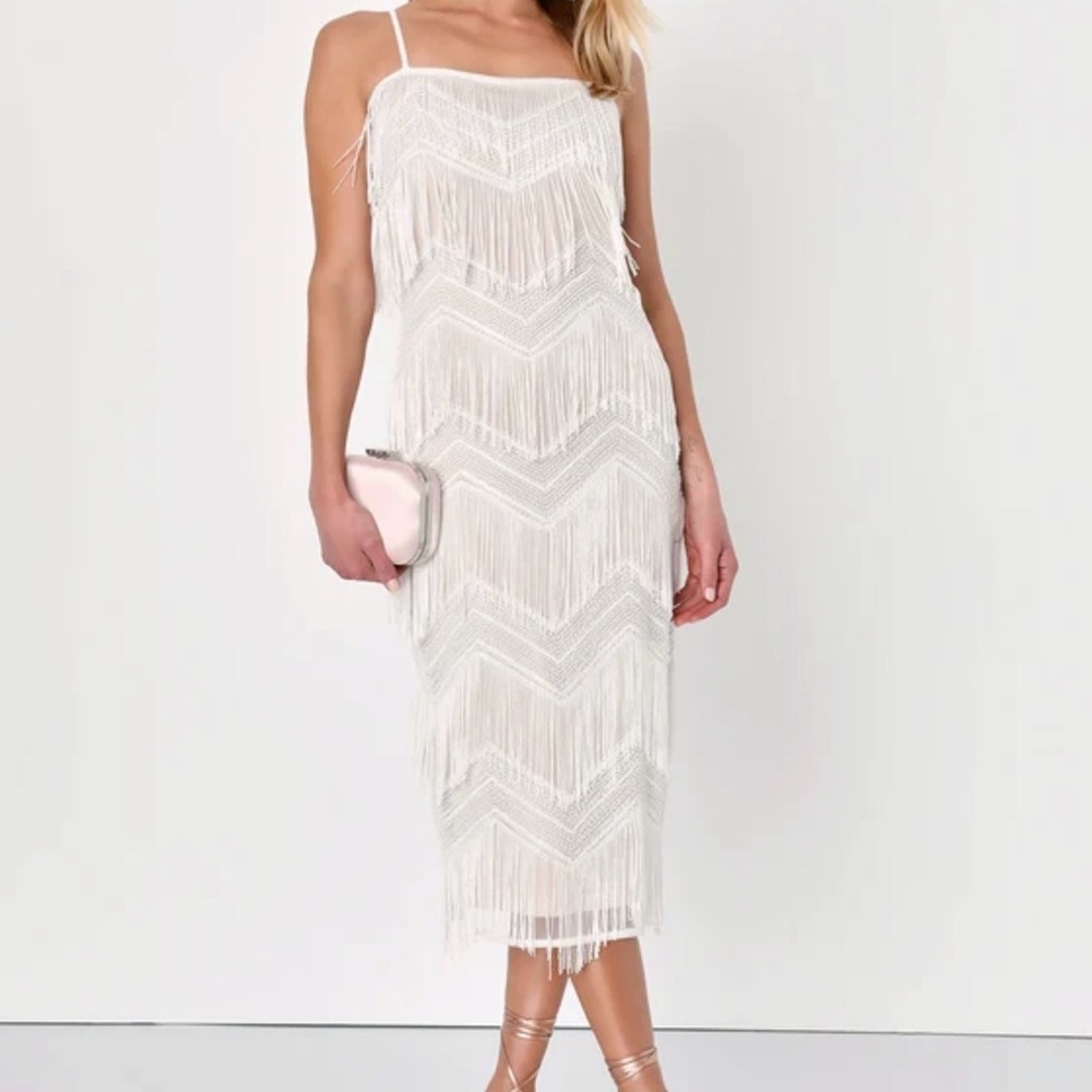 Lulu's Shimmy All Night White Sequin Fringe Midi Dress